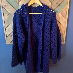 Handcrafted Chunky Crochet Hooded Cardigan - Deep Navy Blue